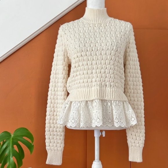 Rebecca Taylor Pop Stitch Preppy Wool Blend Knit Sweater Crochet Fringe Size L